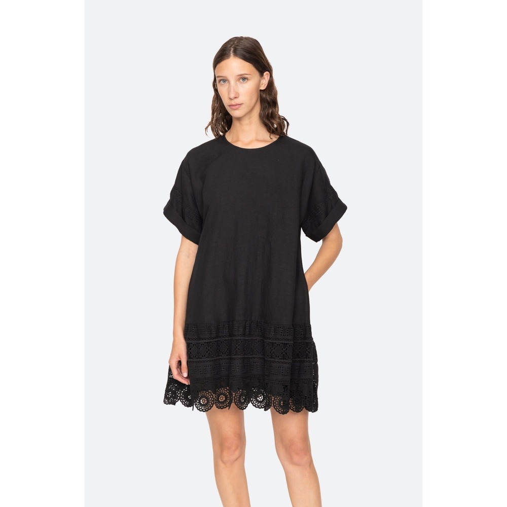Sea New York Women Linen Rosina Tunic Dress Small Black Crochet Lace Preppy